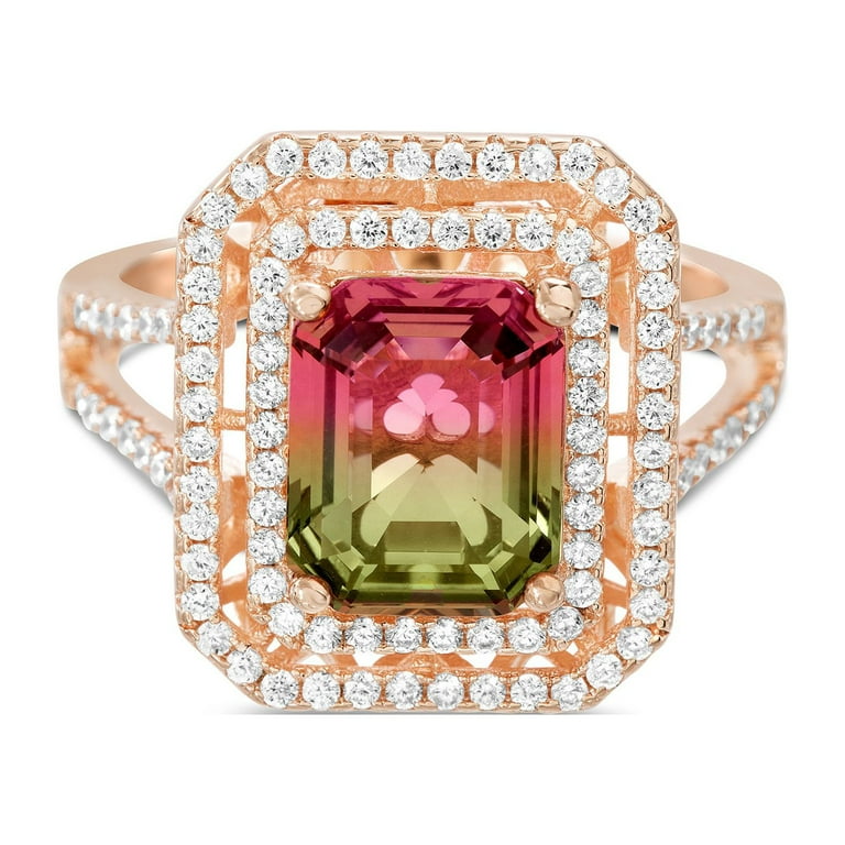 Emerald Cut Simulated Watermelon Tourmaline and Cubic Zirconia