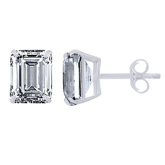 AFFY Emerald Cut Simulated White Sapphire Solitaire Stud Earrings In 10K Solid White Gold