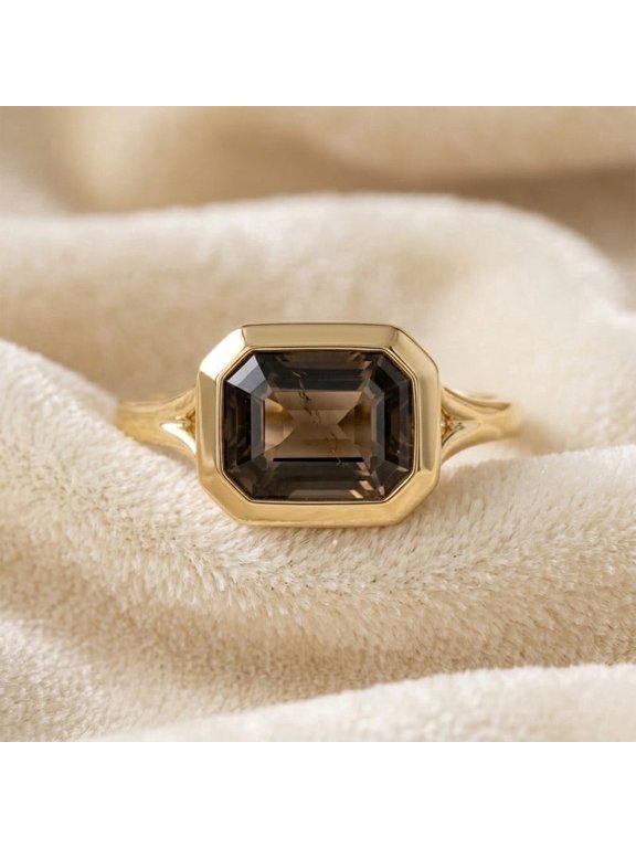 Emerald Cut Smoky Quartz Gemstone Bezel Ring, 925 Sterling Silver Yellow Gold Plated Stunning Handmade Ring, Anniversary Gift Trendy Jewelry for Her