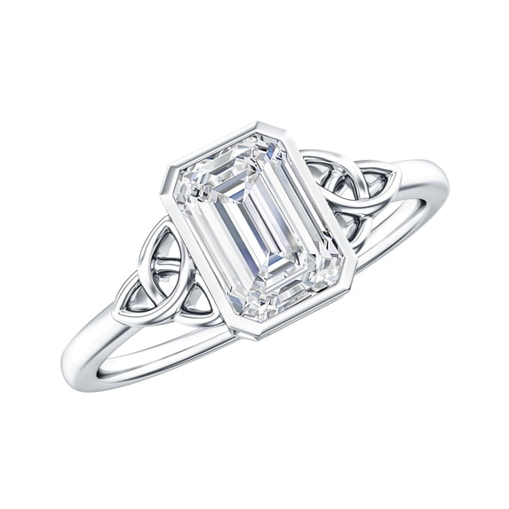 Rosec Jewels Certified Moissanite Emerald Cut Engagement Ring 2 Carat - Celtic Knot Ring (6X8 mm, D-VS1 Quality), 14K White Gold, US 12.50
