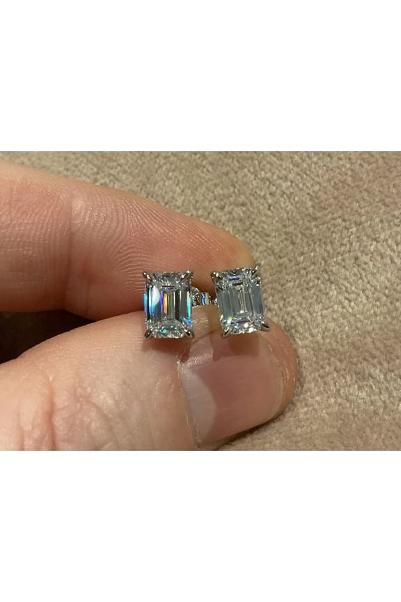 Emerald Cut Stud Earrings in 14K White Gold Plated with Butterfly Backs