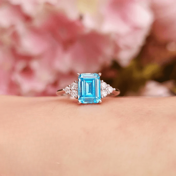 Emerald Cut Swiss Blue Topaz Engagement Wedding Ring in 925 Sterling Silver - Promise Proposal Ring For Her