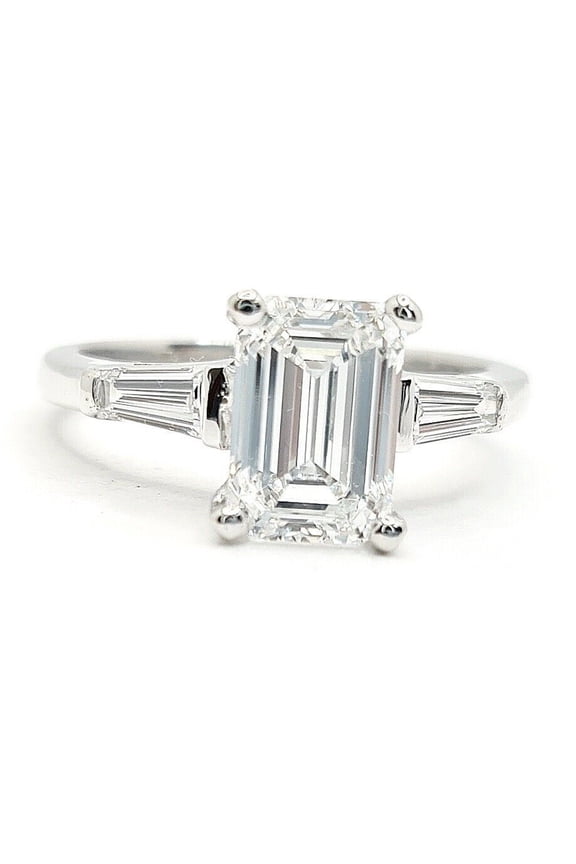 Emerald Cut And Tapered Baguette Diamond Ring, Three Stone Diamond Engagement Ring, Past Present Future Diamond Ring, 14K White Gold Plated, 2.4 Ct Simulated Diamond, Gift Ring For Her