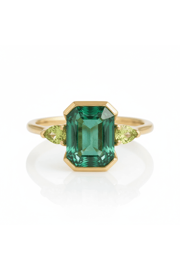 Octagon Cut Emerald & Pear Cut Peridot handmade ring, Three Stone Engagement Ring, Past Present Future Anniversary Gift, Green Gemstone Ring, May Birthstone Ring.