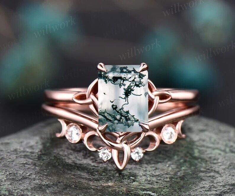 Arena Gems Jewellery Emerald Cut Green Moss Agate Gemstone Sterling Silver Engagement Wedding Ring Set, 5.25 ct