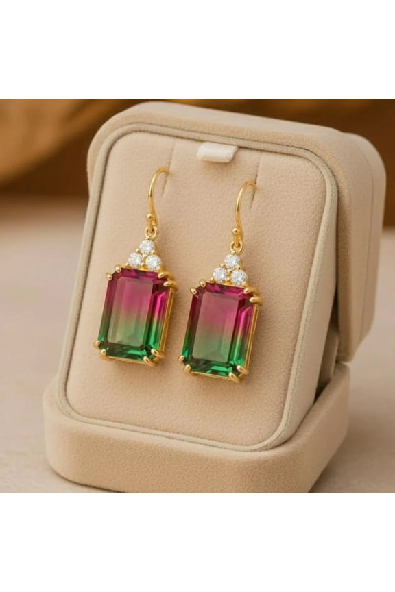 Emerald Cut Watermelon Tourmaline Earrings Yellow Gold Plated Hook Dangle Earrings, Trio Diamond Bi Color Earrings, Elegant Emerald Cut Drop Jewelry