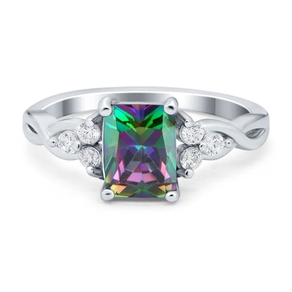 Emerald Cut Wedding Bridal Ring Rainbow CZ 925 Sterling Silver Size 7