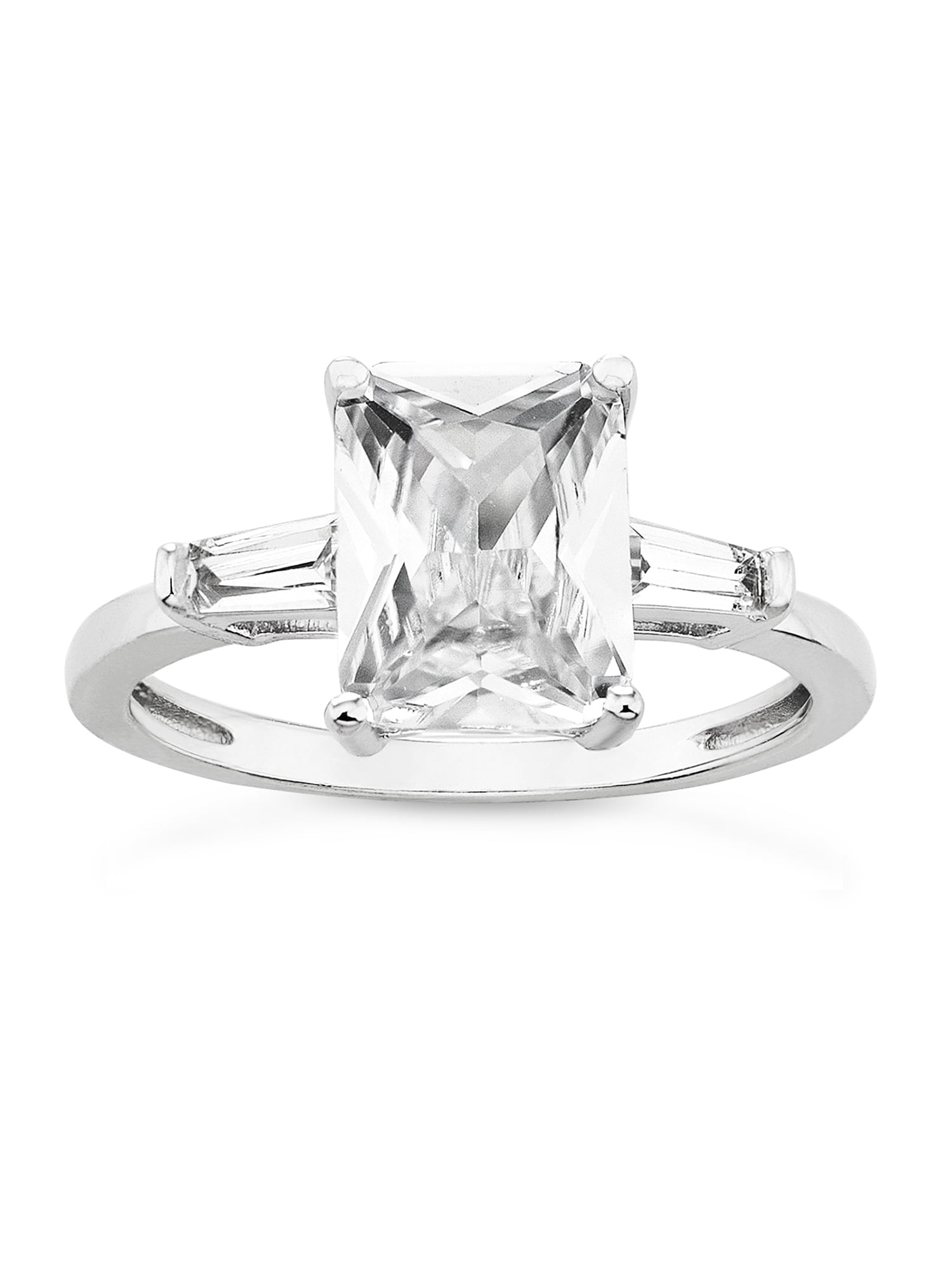 Emerald Cut White Cubic Zirconia Three Stone Ring in Sterling Silver