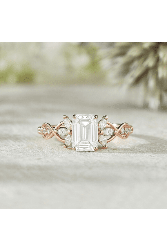 Emerald Cut&nbsp;White Diamond Engagement Ring in 14k Rose Gold Vermeil - Twist Vine Cluster Wedding Rings For Womens