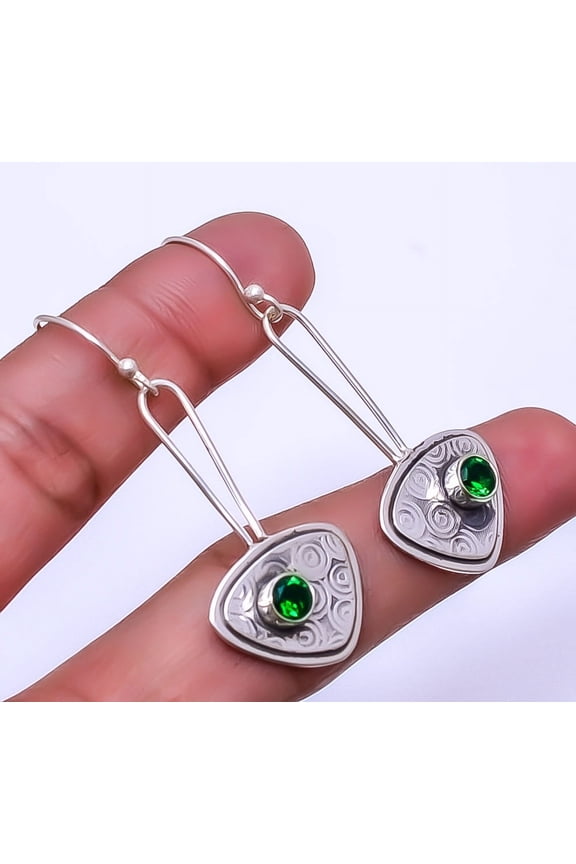 Emerald Designer Handmade (Simulated) 925 Sterling Silver Earring 2.07" E40, Gemstone Silver Jewelry, New Year Sale, Valentin's Day Gift