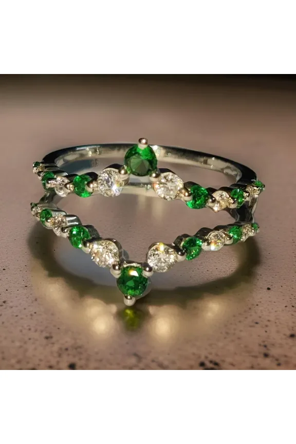 Emerald Diamond Band Ring Lab-Created Emerald Diamond Engagement Anniversary Wedding Wrap Guard Enhancer Band Ring 14K White Gold Finish