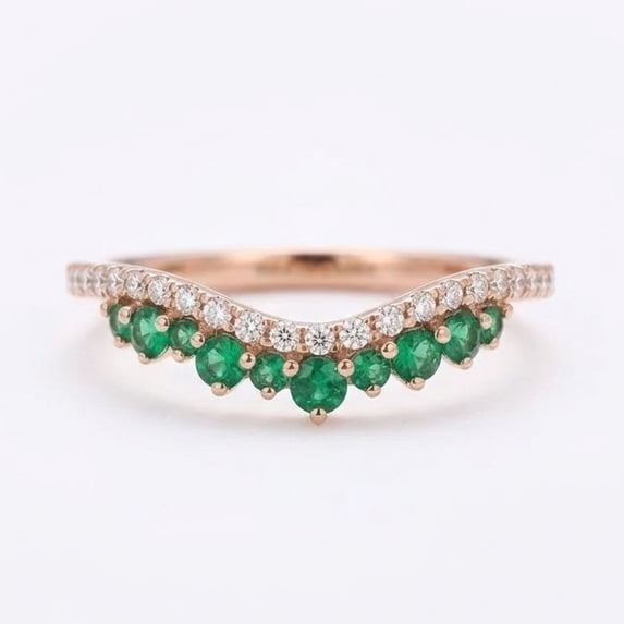 Emerald & Diamond Curved Wedding Band Ring, Stackable Anniversary Ring ...