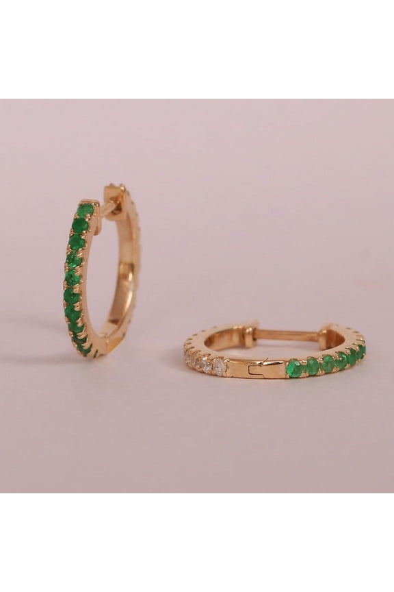 Emerald & Diamond Reversible Hoops, 925 Starling Silver Earring, Double Side Huggies, Two Tone Huggie Hoop Earrings, Pave Diamond Huggie Hoops, Bar Design Hoop.