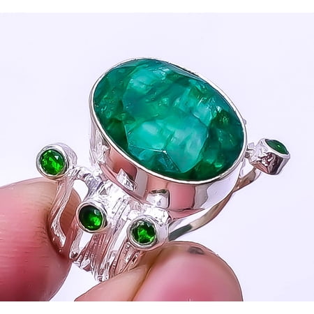 Emerald & Emerald Quartz 925 Sterling Silver Handmade Ring s.8 R7878-16