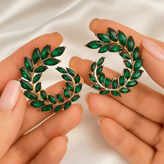 RubyLee Elegance Emerald Laurel Wreath Stud Earrings  Gold Tone Green Crystal Leaf Circle Earrings for Women