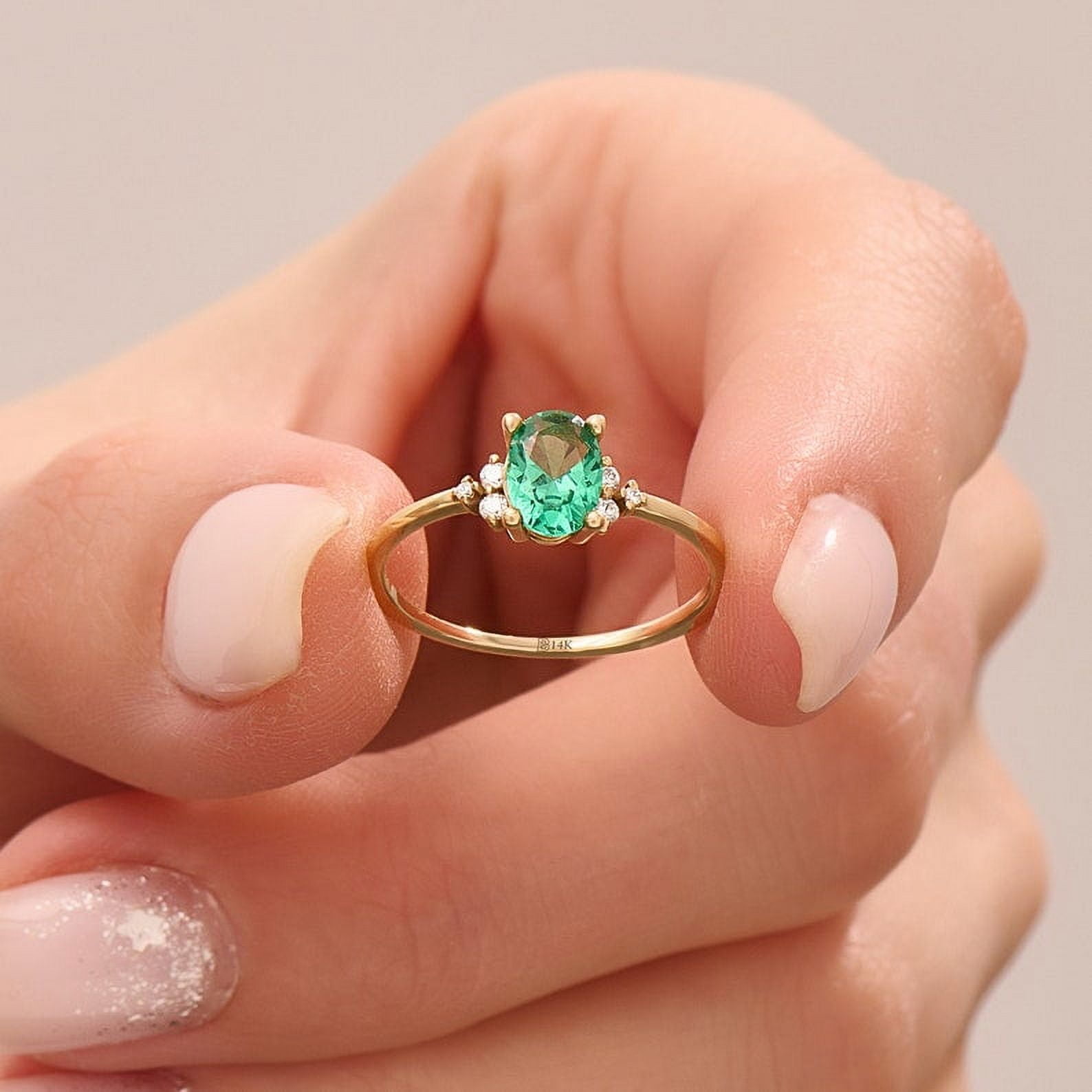 Emerald Engagement Ring, Solid Gold Oval Emerald Rings for Women