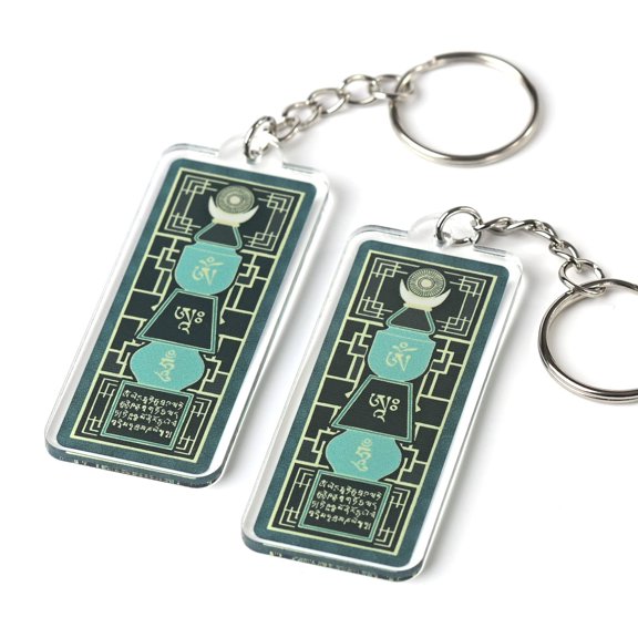 Emerald Five Element Pagoda with Om Ah Hum Amulet Feng Shui Keychains, Feng Shui Symbol of Protection Against The Five Yellow Affliction, Feng Shui Gift, Lightweight Acrylic, Made In USA (2 Pack)