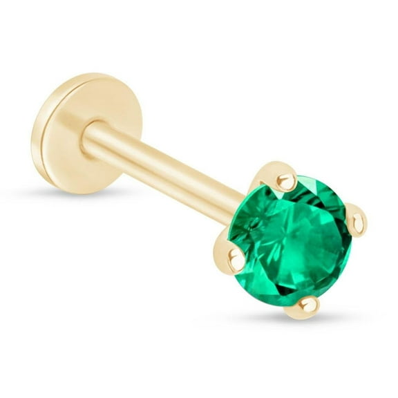 Emerald Flat Back Earring for Women Men 14K Solid Gold Cartilage Earring Threaded Nose Conch Helix Tragus Piercing Jewelry May Birthstone Small Single Earring for Upper Ear