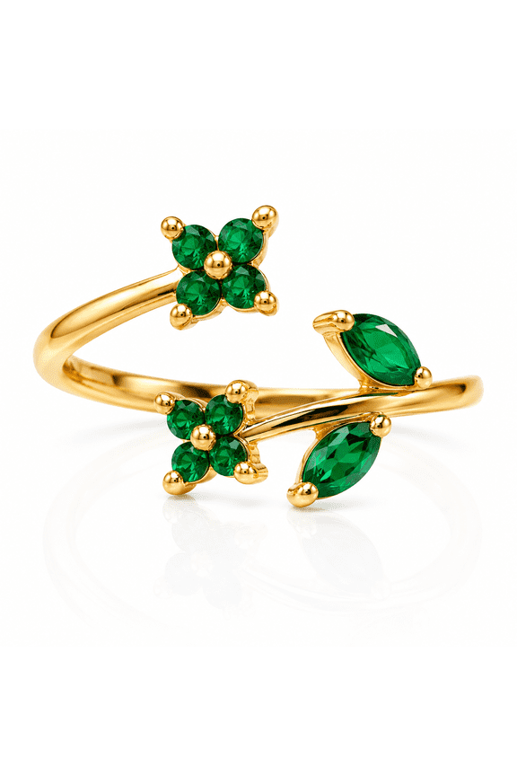 Emerald Floral Leaf Ring for Women, Adjustable Open Band Ring, Marquise Cut Emerald Flower Vine Ring, Gold Plated Sterling Silver Nature Inspired Statement Ring
