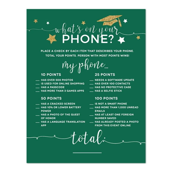 Emerald Forest Green and Gold Glittering Graduation Party, What's on Your Phone? Game Cards, 20-Pack, Games