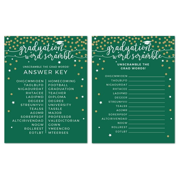 Emerald Forest Green and Gold Glittering Graduation Party, Word Scramble Game Cards, 20-Pack, Games