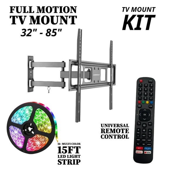 Emerald Full Motion TV Wall Mount Kit for 32-85” TVs, Swivel TV Mount with 15’ LED Cable and Universal Remote Control