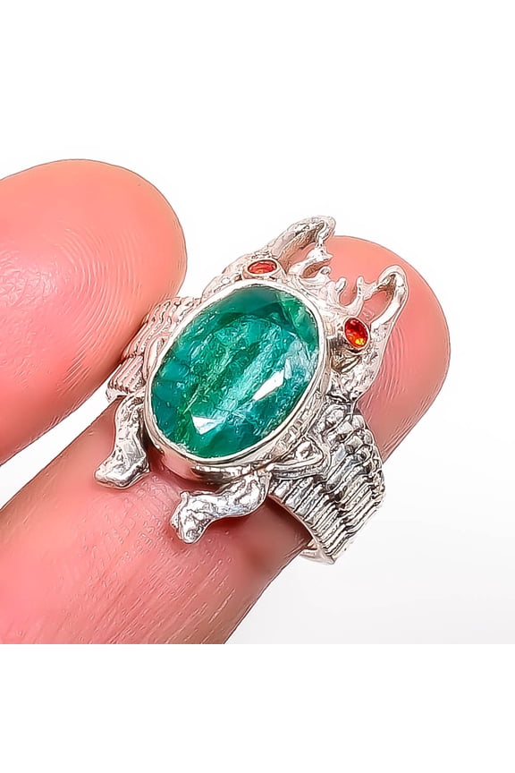 Emerald & Garnet Handmade (Simulated) 925 Sterling Silver Frog Ring s.7 T, Gemstone Silver Jewelry, New Year Sale, Valentin's Day Gift