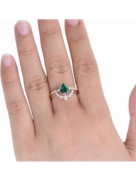 Emerald Gemstone CZ Ring, Natural Emerald & Opal Stacking Ring, Opal Ring, May Birthstone, 2 Ring Set, Womens Ring, Gold Micron Ring, 925 Sterling Silver, Minimal Stackable Ring, Christmas Gift