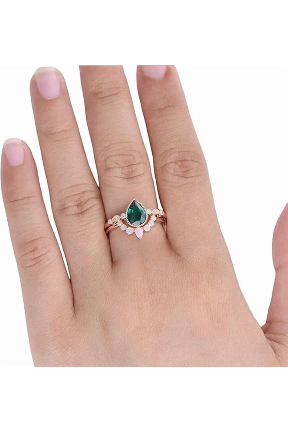 Emerald Gemstone CZ Ring, Natural Emerald & Opal Stacking Ring, Opal Ring, May Birthstone, 2 Ring Set, Womens Ring, Gold Micron Ring, 925 Sterling Silver, Minimal Stackable Ring, Christmas Gift