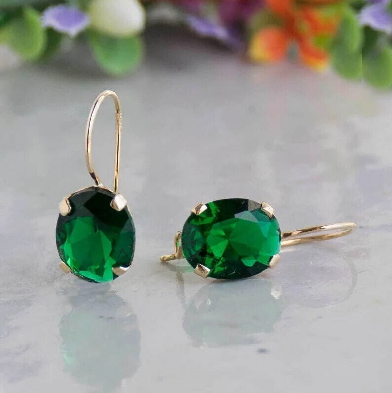 Emerald Gemstone Gold Earrings Drop Dangle Women Gift Earring, May Birthstone Jewellery