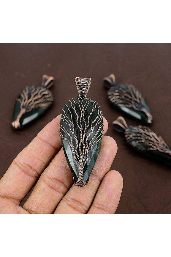 Emerald(Simulated) Gemstone Copper Wire Wrap Pendant 3.03"