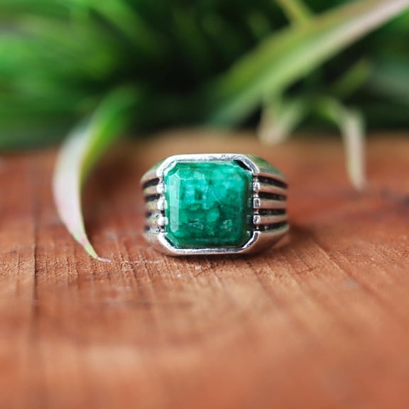 Emerald Gemstone Ring, 925 Sterling Silver Ring, Men's Signet Ring, Vintage Style Ring, Statement Ring, Chunky Emerald Ring, Boho Jewelry***