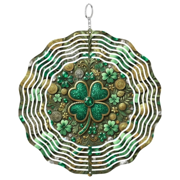 Emerald Glitter Shamrock 3D Wind Spinner Stainless Steel Kinetic Art Irish Clover Round