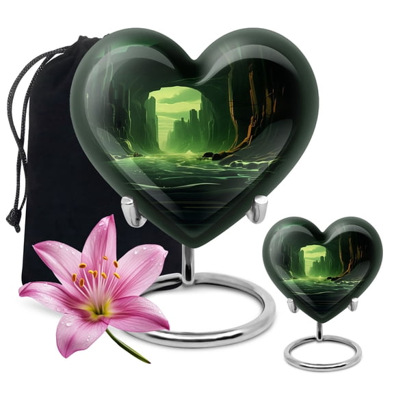 Emerald Glow of an Underground World - Heart Shaped Urn With Stand - Durable and Large Urn for Adult Female Ashes - Unique Design - Timeless Memorial - Urns For Human Ashes Adult - 8 Inch