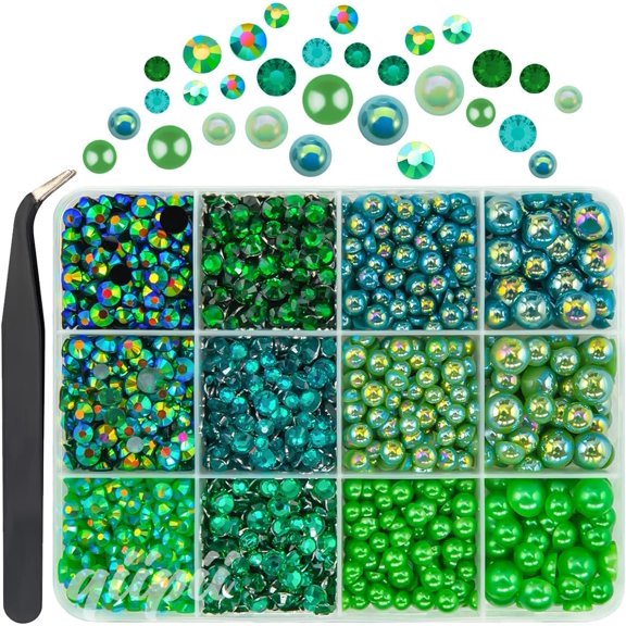 Emerald Green 3-8mm Flatback Pearls and Rhinestones for Bedazzling Crafting Half Pearls Resin Stones Diamonds Gems Crystals for Nails Face Eyes Makeup Tumblers Bottles DIY Crafts Grad Cap Shoes