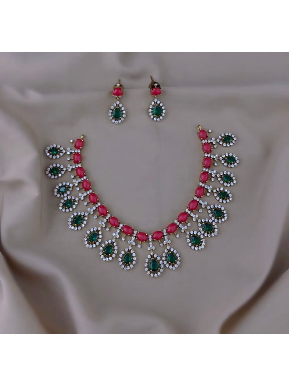 Emerald Green AD Kundan Choker Necklace Set with Ruby CZ Stones - Indian & Pakistani Jewelry, Swarovski Kundan Statement Jewelry with Drop Earrings for Women