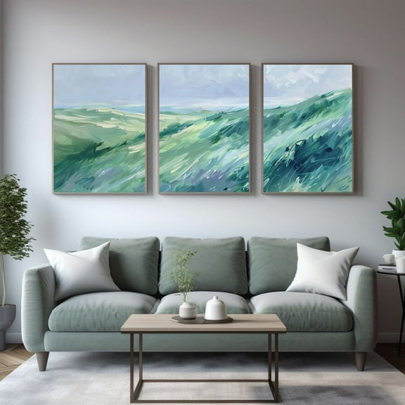 Emerald Green Abstract Landscape Canvas Triptych Verdant Meadow Wall Art Set Set 3