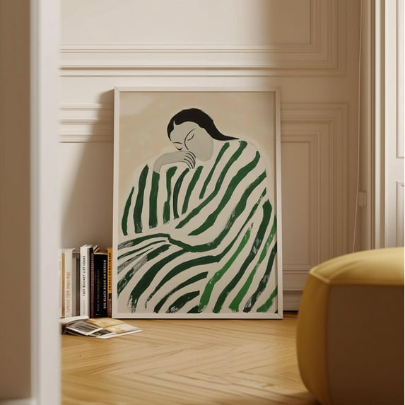 Emerald Green Abstract People Large Wall Art Contemporary Artwork Minimalist Print Stripe Woman Print Wall Art, Modern Wall Decor, 16x24 UNFRAMED