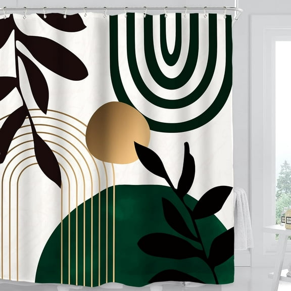 Emerald Green Abstract Shower Curtain Set 71Wx71H Inches Modern Mid Century Sun Leaves Plant Aesthetic Neutral Simple Geometric Polyester Waterproof Cloth Bathroom Curtain with 12 Hooks