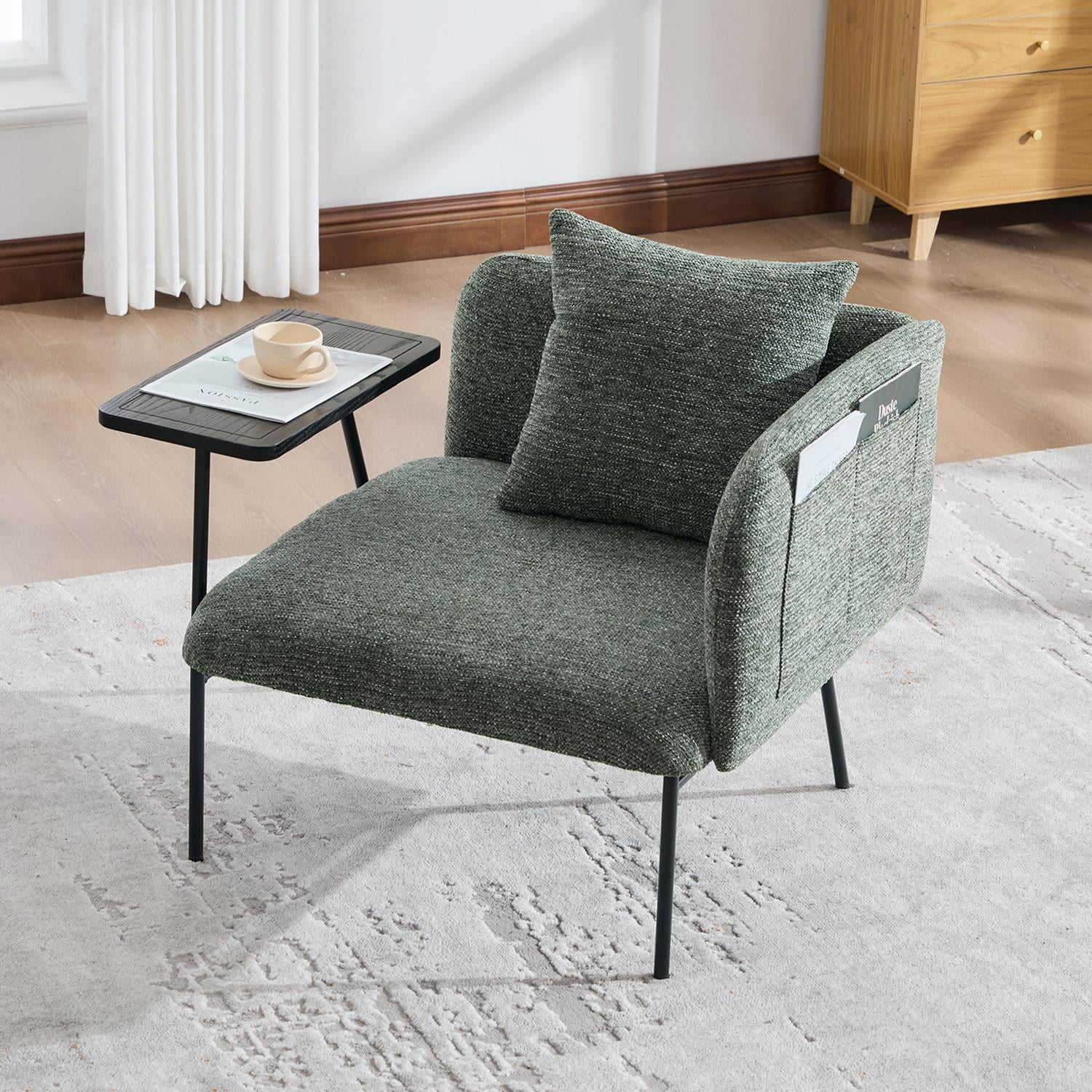 Emerald Green Accent Lounge Chair with Back Pillow and Side Table, Upholstered Single Sofa Armchair with Metal Legs, Reading Seating for Living Room Bedroom