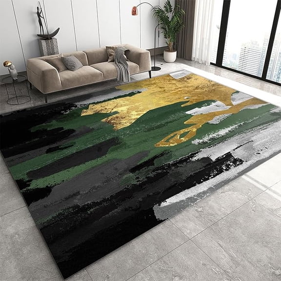 Emerald Green Area Rug, Green And Gold Rug, Large Non Slip Machine Washable Modern Green Gold Carpet For Living Room Bedroom Dining Room 5'3" x 6'7"