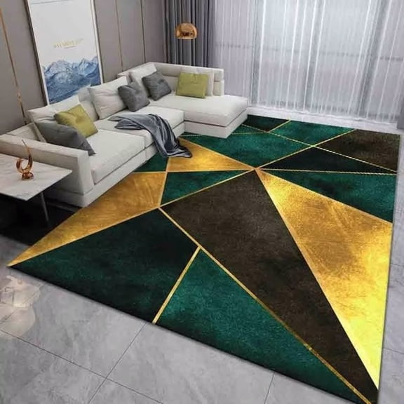 Emerald Green Area Rug, Modern Geometric Marble Carpets Abstract Minimalist Golden Lines Washable Floor Mats For Living Dining Room Bedroom 5' x 6'
