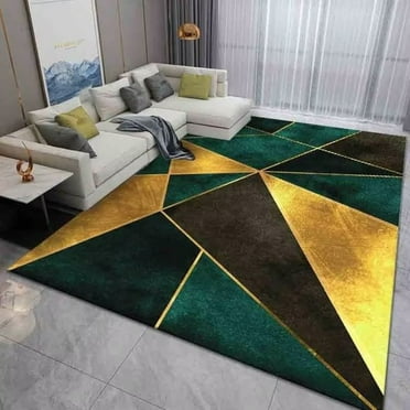 Emerald Green Area Rug, Modern Geometric Marble Carpets Abstract Minimalist Golden Lines Washable Floor Mats For Living Dining Room Bedroom 5' x 7'