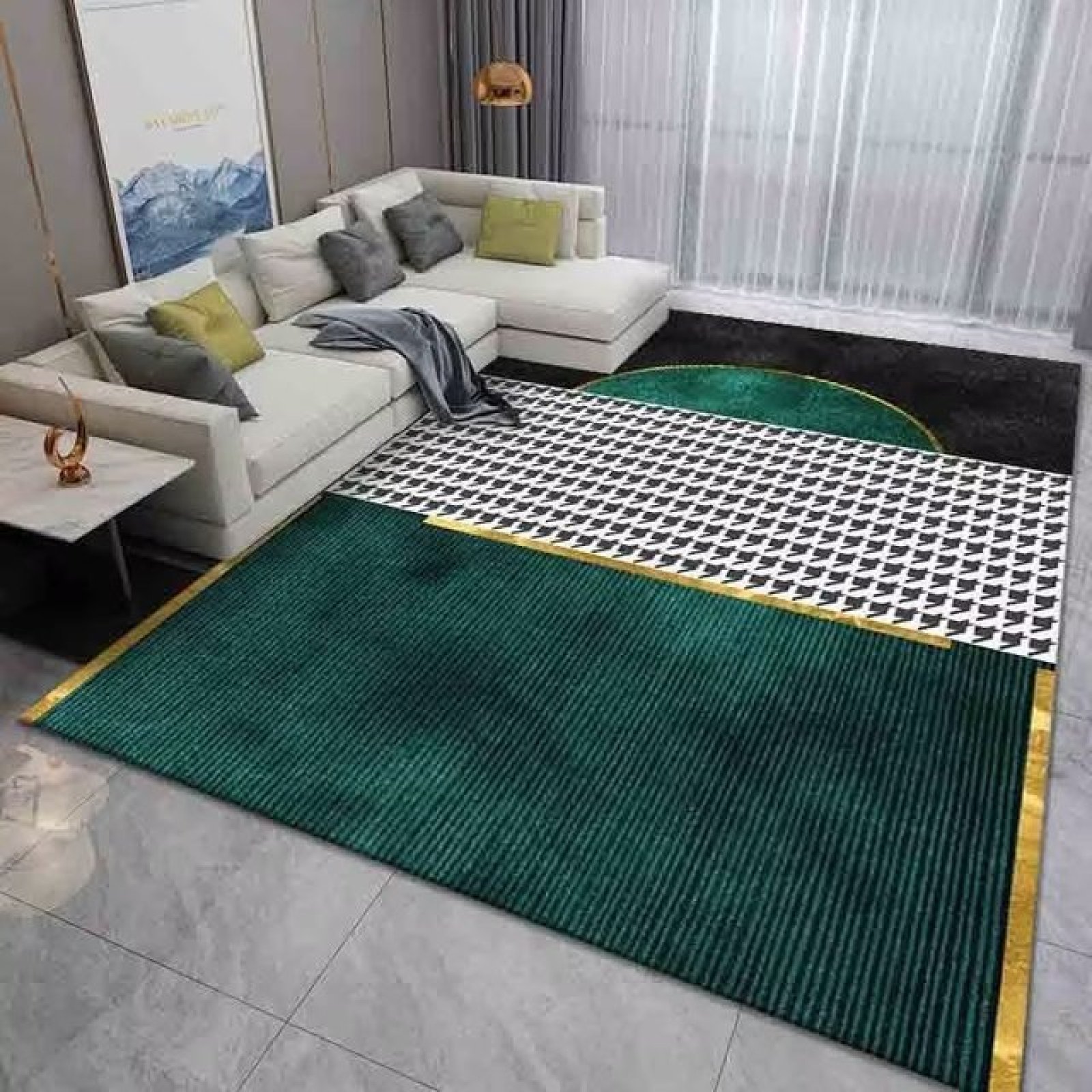 Emerald Green Area Rug, Modern Geometric Marble Carpets Abstract Minimalist Golden Lines