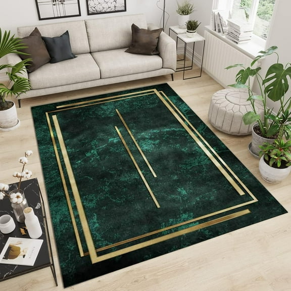 Emerald-Green Area Rugs, Gold-Lined Apartment Carpet, Bedroom Rug Non-Shedding Easy Cleaning with Backing Apply to Office Family and Pet,5'x8'