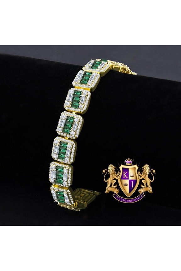 Emerald Green Baguette Real Genuine Yellow Gold Sterling Silver Simulated Diamond Tennis Link Bracelet 8.5'' Unisex 35+Grams