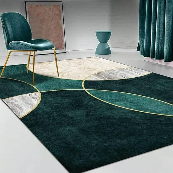 Emerald Green Beige Marble Area Rug, Gold Circles Pattern Non Slip Living Room Rug, Easy Care Stain Resistant Carpet For Indoor Bedroom Office Decor Mat 5x6ft