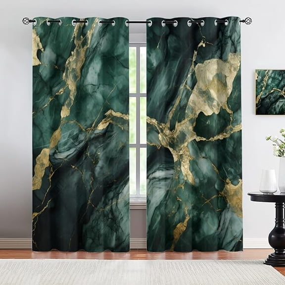 Emerald Green Blackout Curtains For Bedroom, Green Gold Marble Curtains For Living Room, Nordic Light Luxury Marble Curtain, Grommet Drapes, Home Decor Window Drapes 26"W x 54"L (Pack of 2)