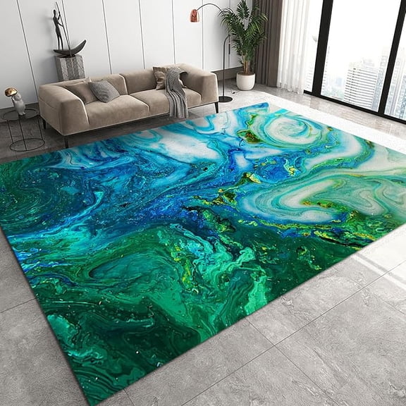 Emerald Green Blue Marble Area Rug, Retro Light Luxury Washable Bedroom Rug, Floor Rugs Noise Reduction Non-Shedding Non-Slip For Tea Table Sofa Living Room Decor 4 x 6ft