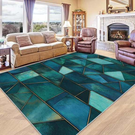 Emerald Green And Blue Throw Rug Washable Geometric Rugs For Entryway Bedroom Kitchen, Modern Area Rug For Home Decor, Non Slip Backing Indoor Floor Mat Carpet 1x2ft